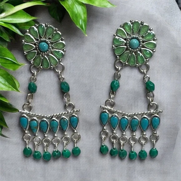Erica Lyons Green and Blue Chandelier Earrings - Picture 2 of 3